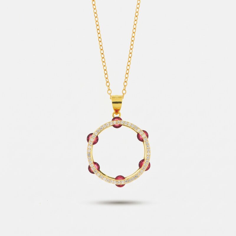 Collana in Argento 925 con tamburello impreziosito da zirconi rossi - BYSIMON gioielli