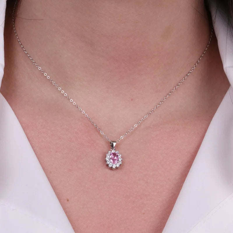 Collana in Argento 925 con zirconi bianchi e zircone centrale rosa