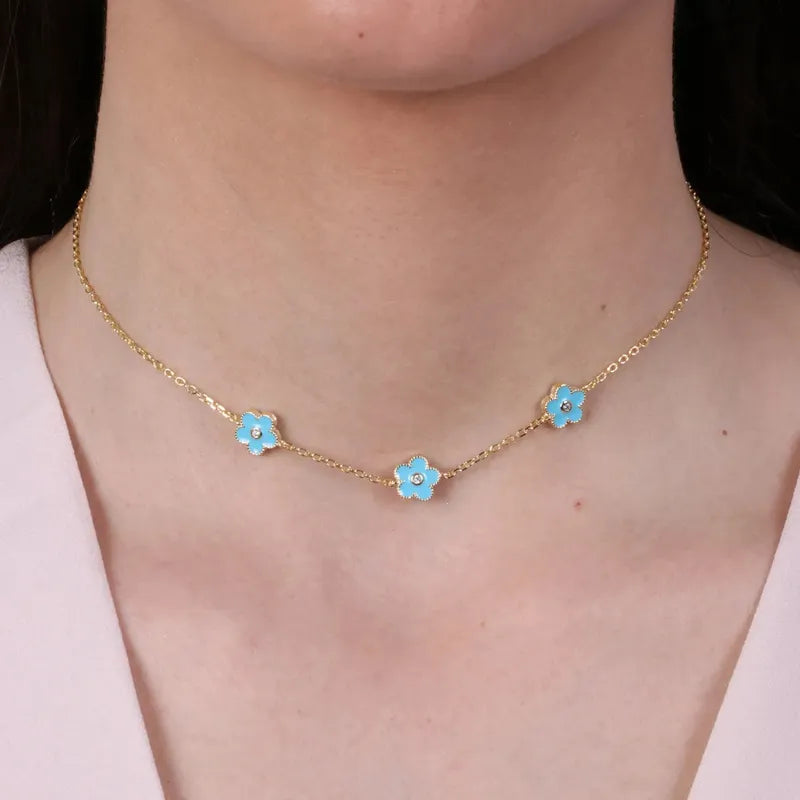 Collana in Argento 925 con fiori smaltati azzurri