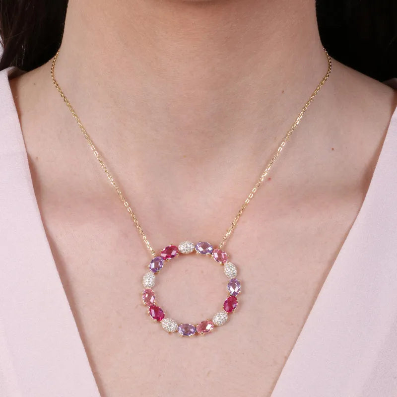 925 Silver circle necklace with pink and transparent zircons