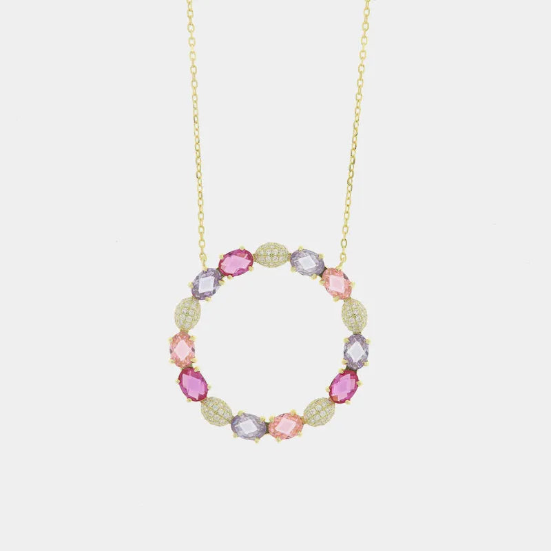 925 Silver circle necklace with pink and transparent zircons