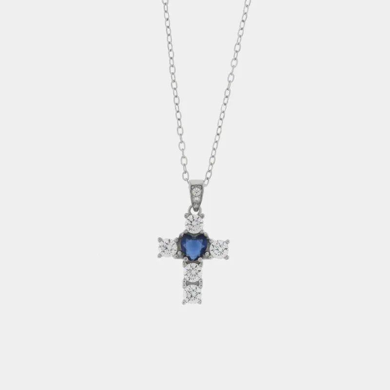 Collana in Argento 925 con croce impreziosita da zirconi trasparenti e blu Collezione Barcellona - BYSIMON gioielli