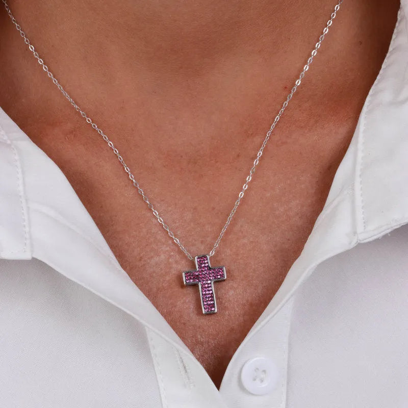 Collana in Argento 925 con croce e zirconi rosso rubino Collezione Barcellona - BYSIMON gioielli