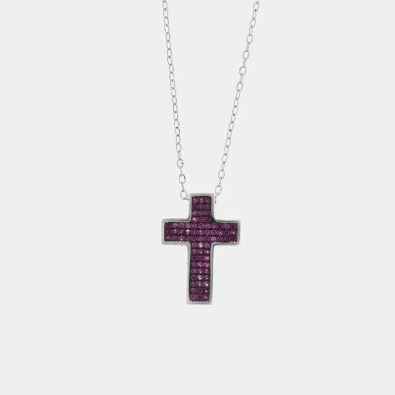 Collana in Argento 925 con croce e zirconi rosso rubino Collezione Barcellona - BYSIMON gioielli