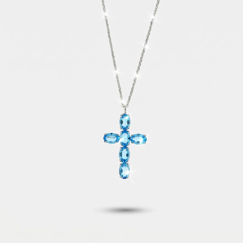 Collana in Argento 925 a forma di croce con cristalli azzurri - BYSIMON gioielli