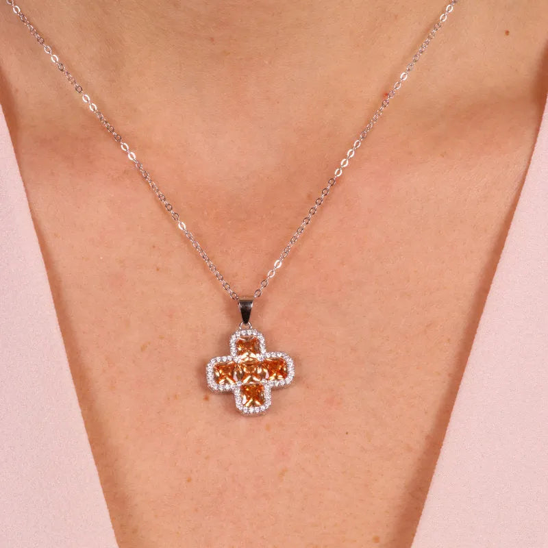 925 Silver Necklace with Cross Pendant and Champagne Zircons