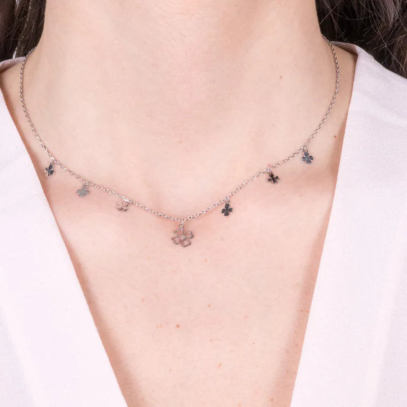 Collana in Argento 925 con ciondoli quadrifoglio placcato rodio - BYSIMON gioielli