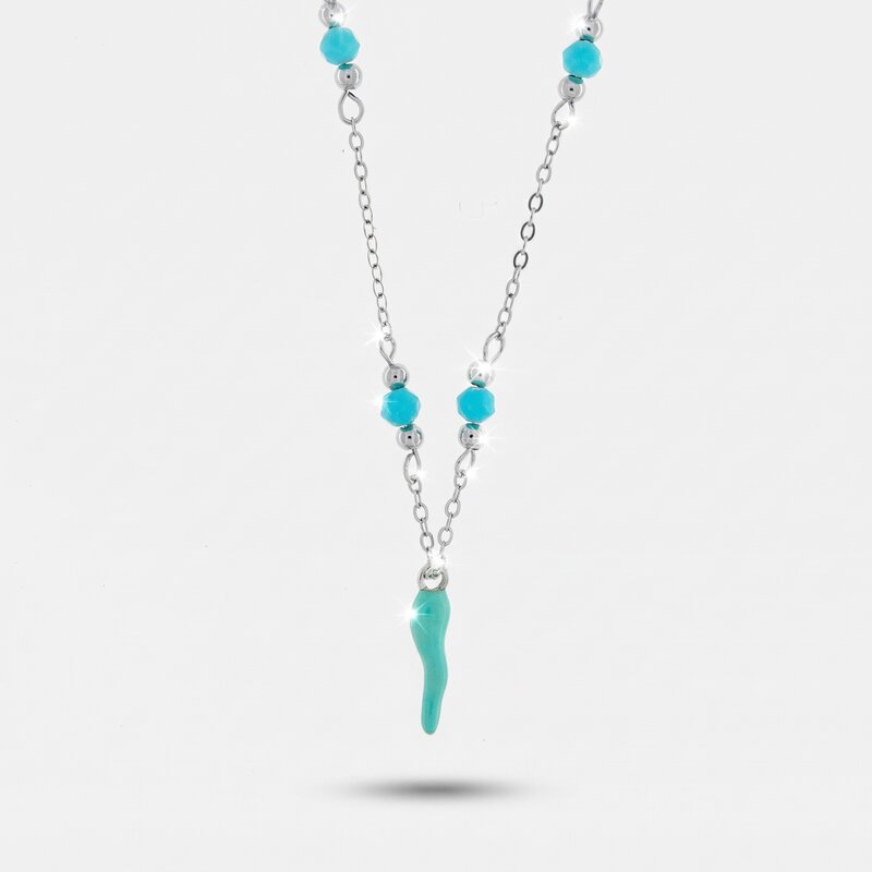 Collana in argento 925 con corno azzurro portafortuna | cornetto argento portafortuna | BYSIMON