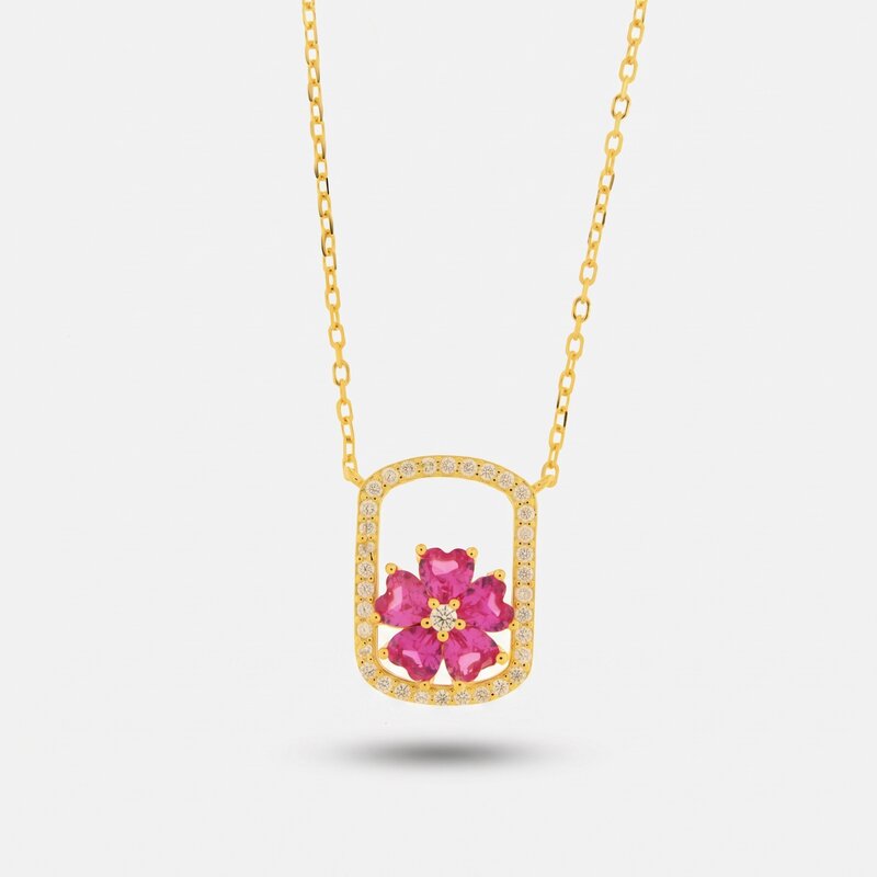 Collana in Argento 925 con fiore rosa e cornice zirconata BYSIMON - gioiello BySimon