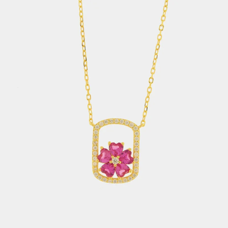 Collana in Argento 925 con fiore rosa e cornice zirconata BYSIMON - gioiello BySimon