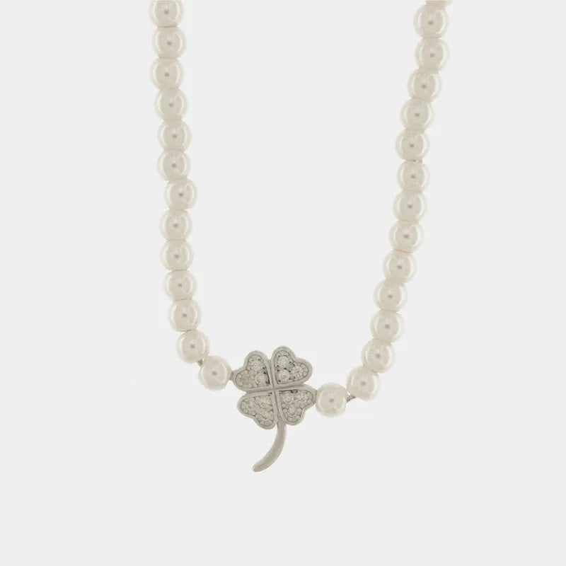 Collana in Argento 925 con perle e quadrifoglio