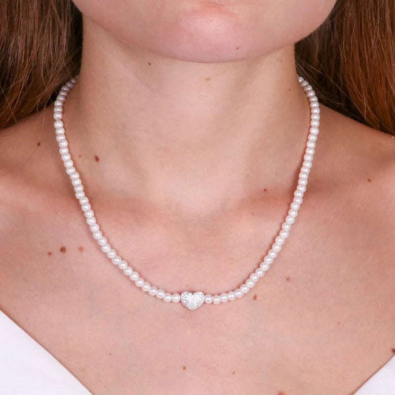 Collana in Argento 925 con perline e cuore di zirconi - BYSIMON gioielli