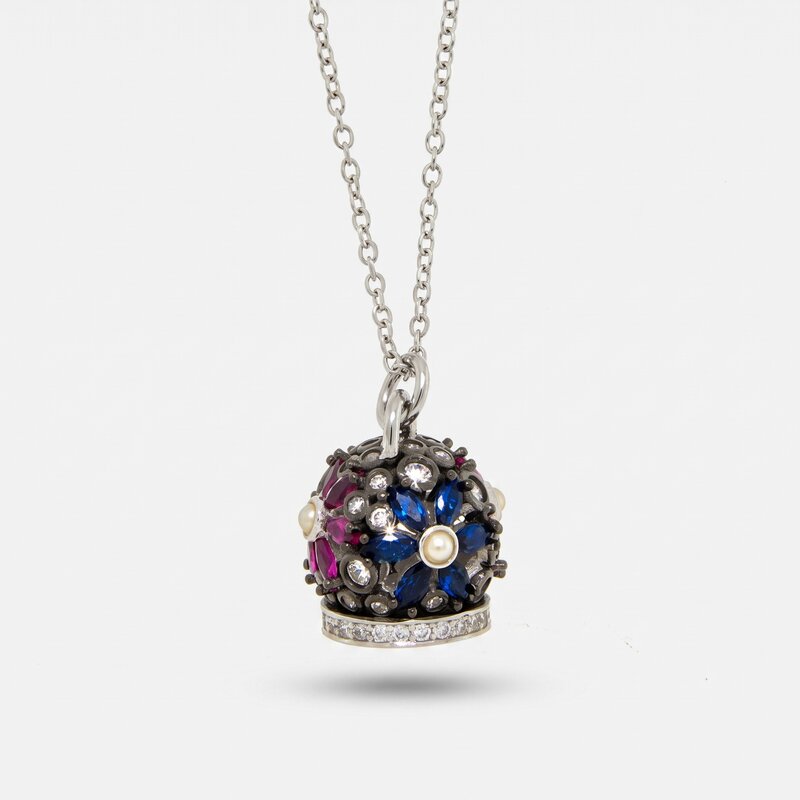 Collana in Argento 925 con campanella con fiori di zirconi