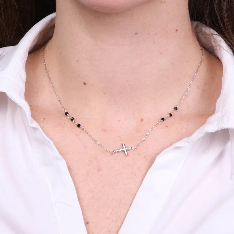 Collana in Argento 925 con croce e sfere nere - BYSIMON gioielli