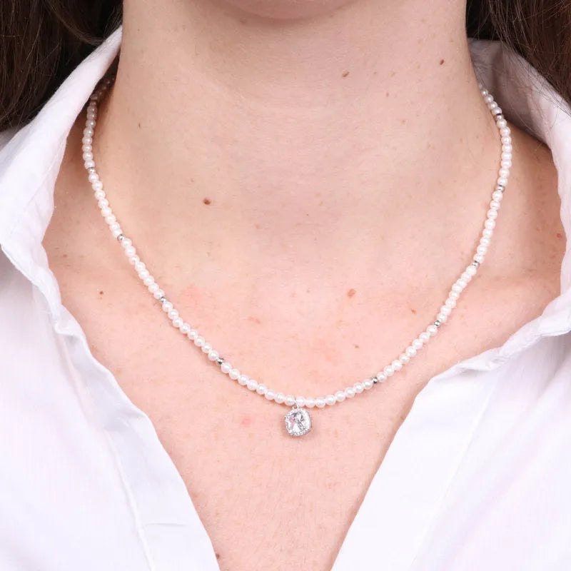 925 Silver Necklace with Pearls and Clear Square