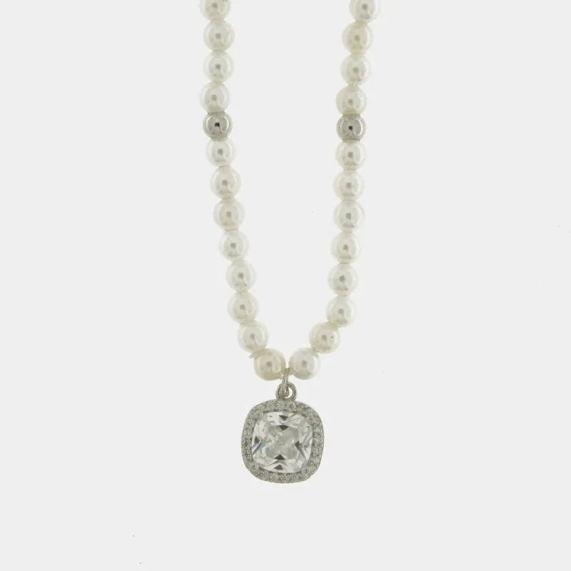925 Silver Necklace with Pearls and Clear Square