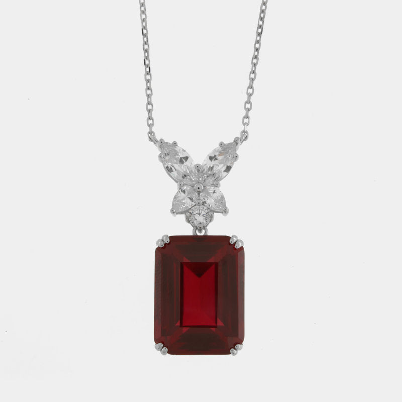 Collana in Argento 925 con zircone rosso e fiore impreziosito da zirconi SIMEONE - gioiello BySimon