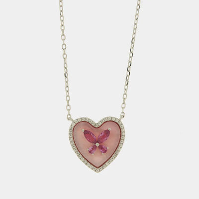 Collana in Argento 925 cuore rosa in madreperla e farfalla - BYSIMON gioielli