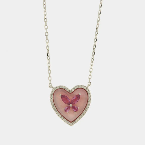 Collana in Argento 925 cuore rosa in madreperla e farfalla - BYSIMON gioielli