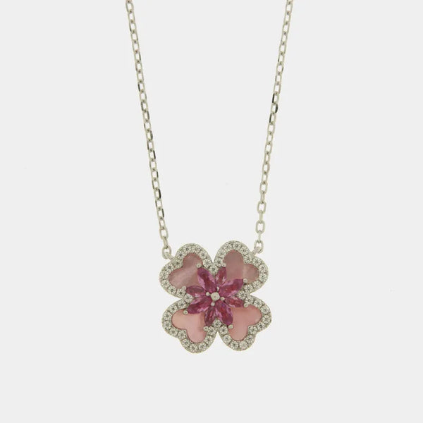Collana in Argento 925 quadrifoglio in madreperla e fiore centrale rosa