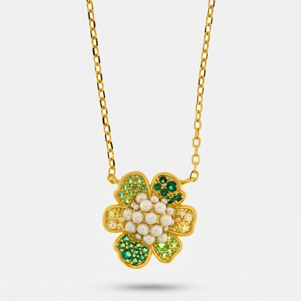 Collana in Argento 925 fiore verde zirconato con perle BYSIMON - gioiello BySimon