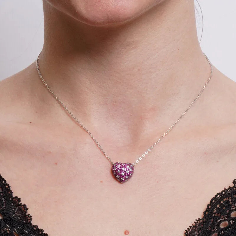 Collana in Argento 925 cuore bombato con pave' rossi