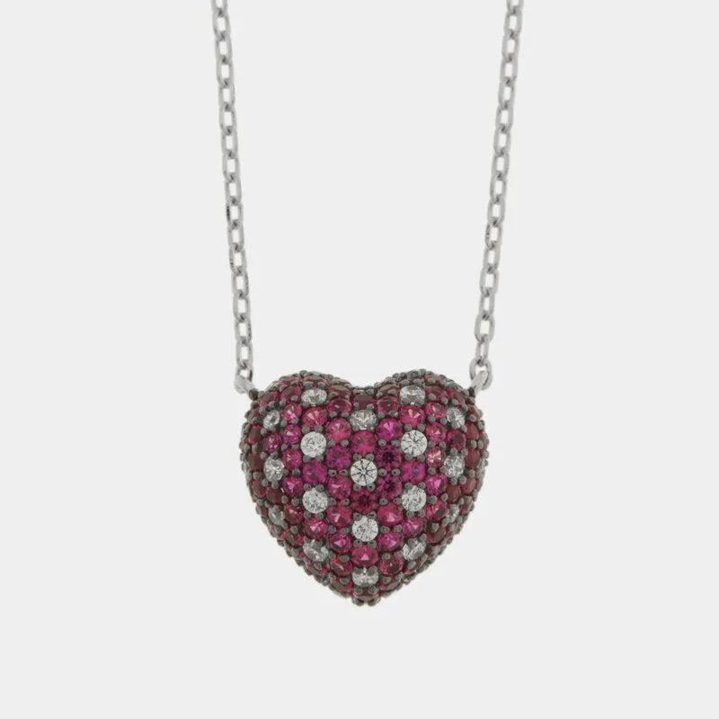 Collana in Argento 925 cuore bombato con pave' rossi