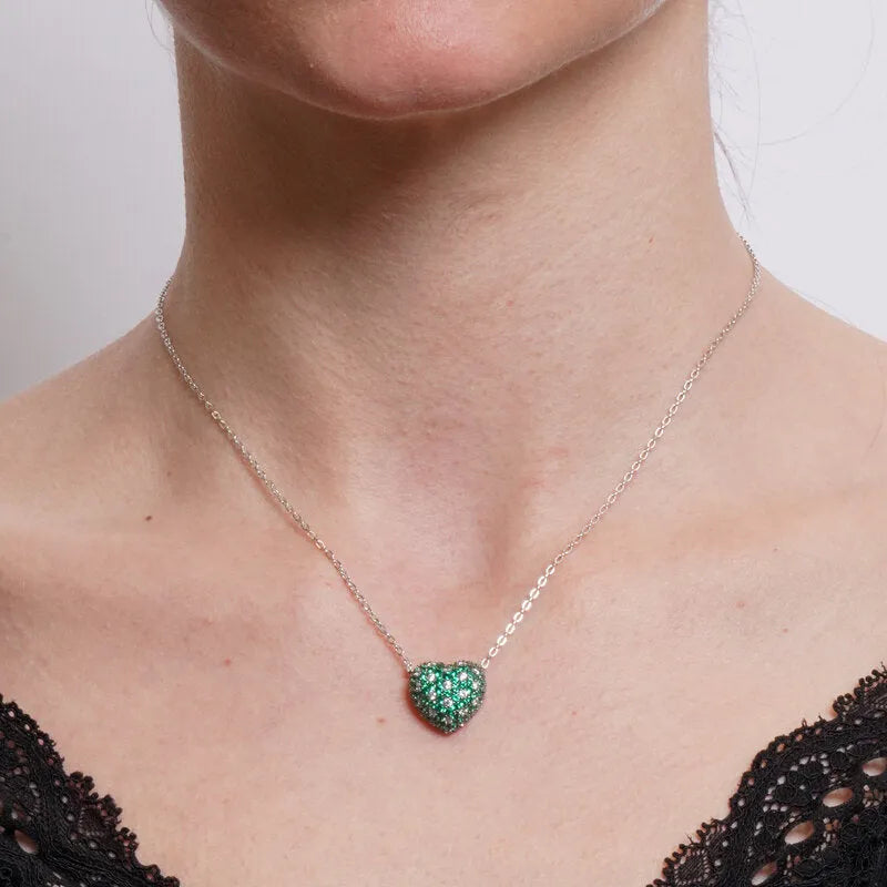 Collana in Argento 925 cuore bombato con pave' verdi