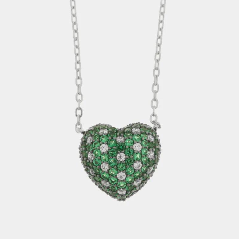 Collana in Argento 925 cuore bombato con pave' verdi