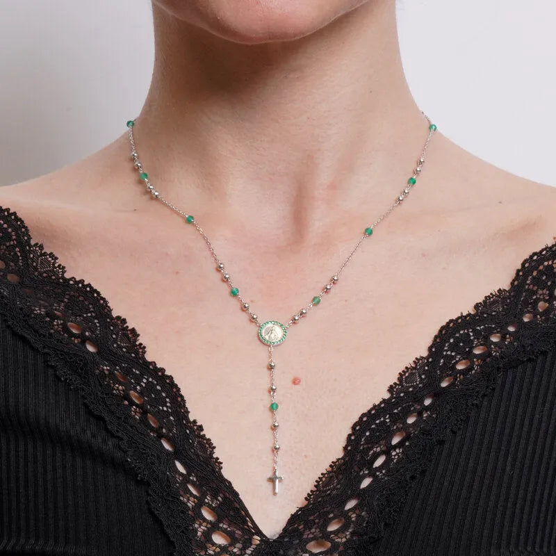 Collana in Argento 925 rosario con croce verde
