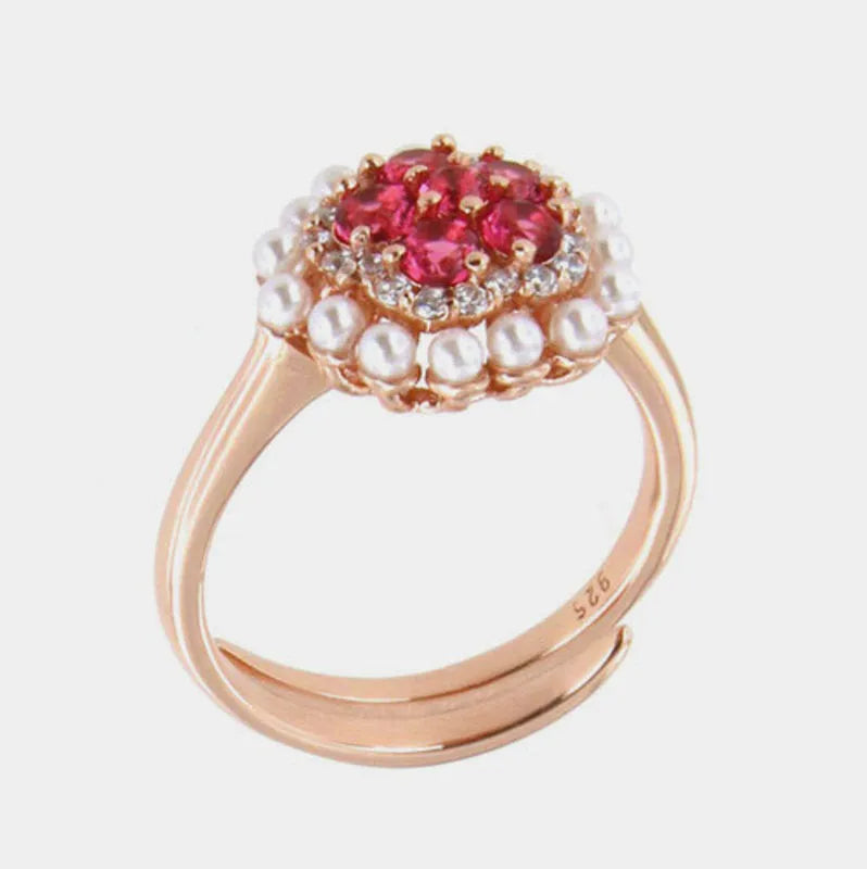 Anello in Argento 925  con perle e zirconi rossi - BYSIMON gioielli