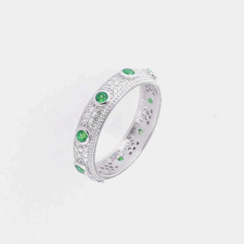 Anello in Argento 925 a fascia con zirconi banchi e zirconi verdi