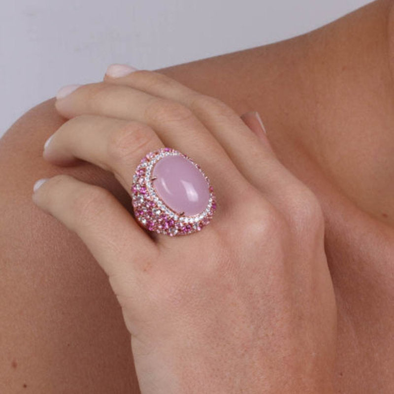 Anello in Argento 925 con ampio zircone rosa centrale impreziosito da pavè di zirconi multicolore e punti luce bianchi SIMEON