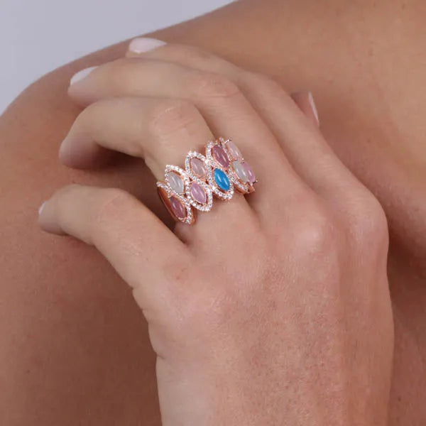 Anello in Argento 925 a fascia, con zirconi multicolore, impreziosito da zirconi bianchi