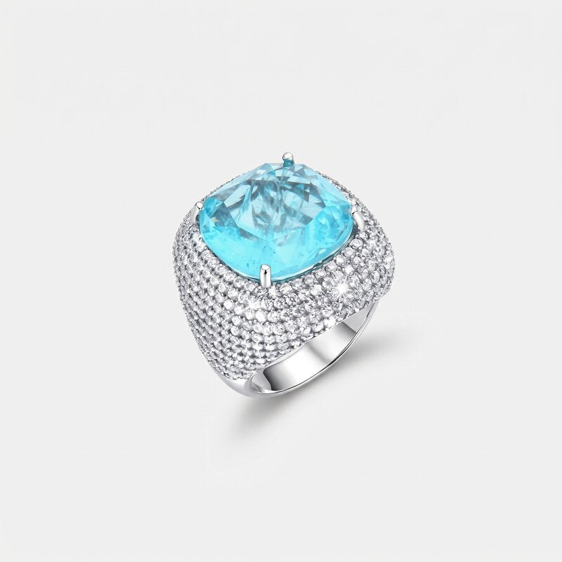 Anello in Argento 925 con grande zircone azzurro, turchese e zirconi bianchi SIMEONE - gioiello BySimon