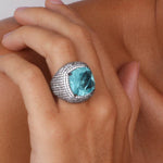 Anello in Argento 925 con grande zircone azzurro, turchese e zirconi bianchi SIMEONE - gioiello BySimon