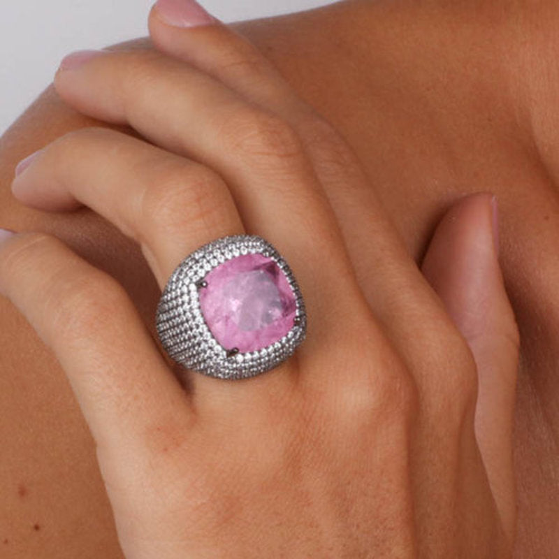 925 silver ring with ruthenium, featuring a large central pink zircon with an ice effect, adorned with white zircons