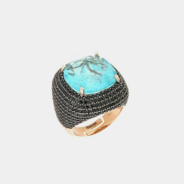 Anello in Argento 925 con grande zircone centrale color acquamarina effetto ghiaccio, impreziosito da zirconi neri SIMEONE - 