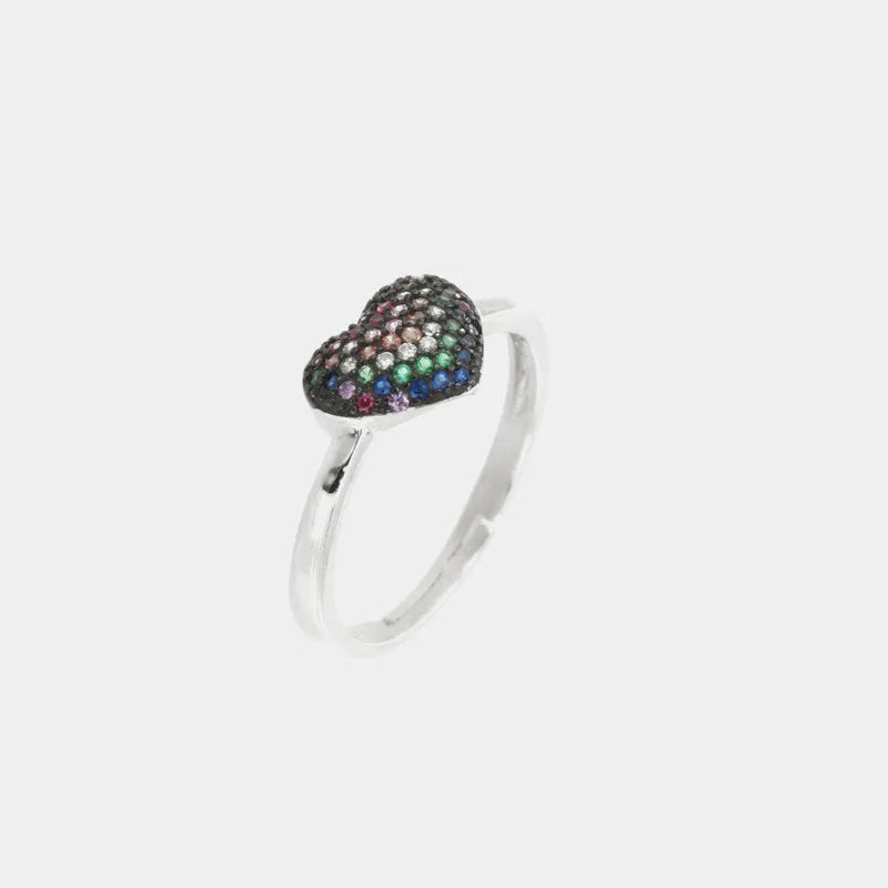 Anello in Argento 925 a forma di cuore, impreziosito da zirconi multicolor su base brunita - BYSIMON gioielli
