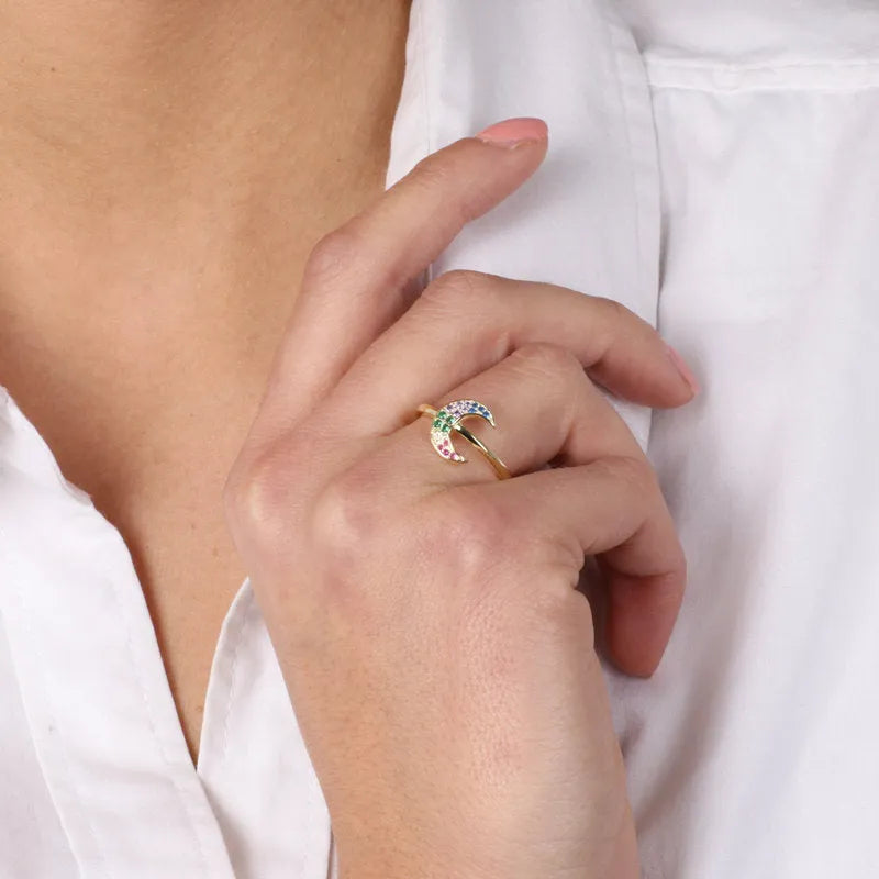 Anello in Argento 925 a forma di mezza luna e zirconi multicolore