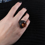 Anello in Argento 925 con grande zircone centrale ambra con pavè di zirconi neri - BYSIMON gioielli