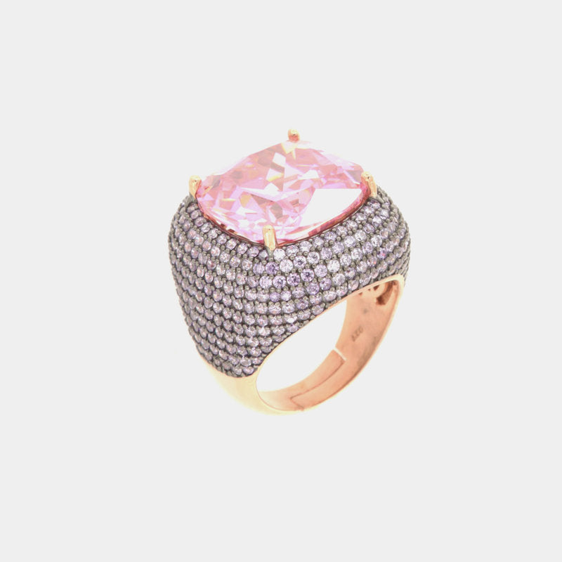 Anello in Argento 925 con grande zircone centrale rosa con zirconi lavanda e viola - BYSIMON gioielli