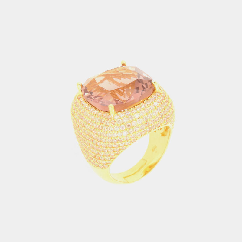 Anello in Argento 925 con grande zircone topazi, con pavè di zirconi champagne SIMEONE - gioiello BySimon