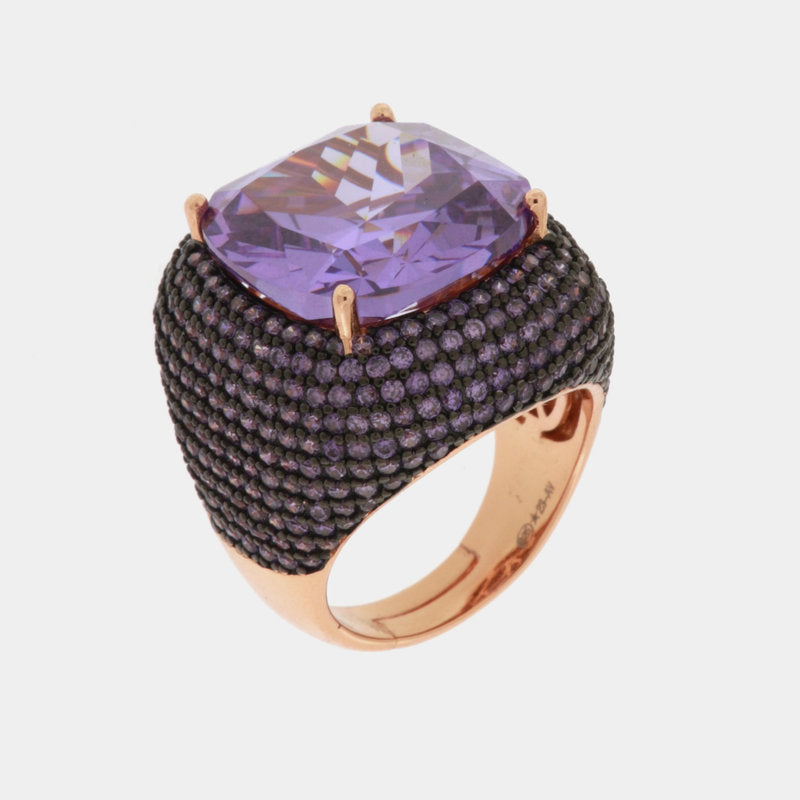 Anello in Argento 925 con grande zircone centrale viola con pavè di zirconi viola SIMEONE - gioiello BySimon