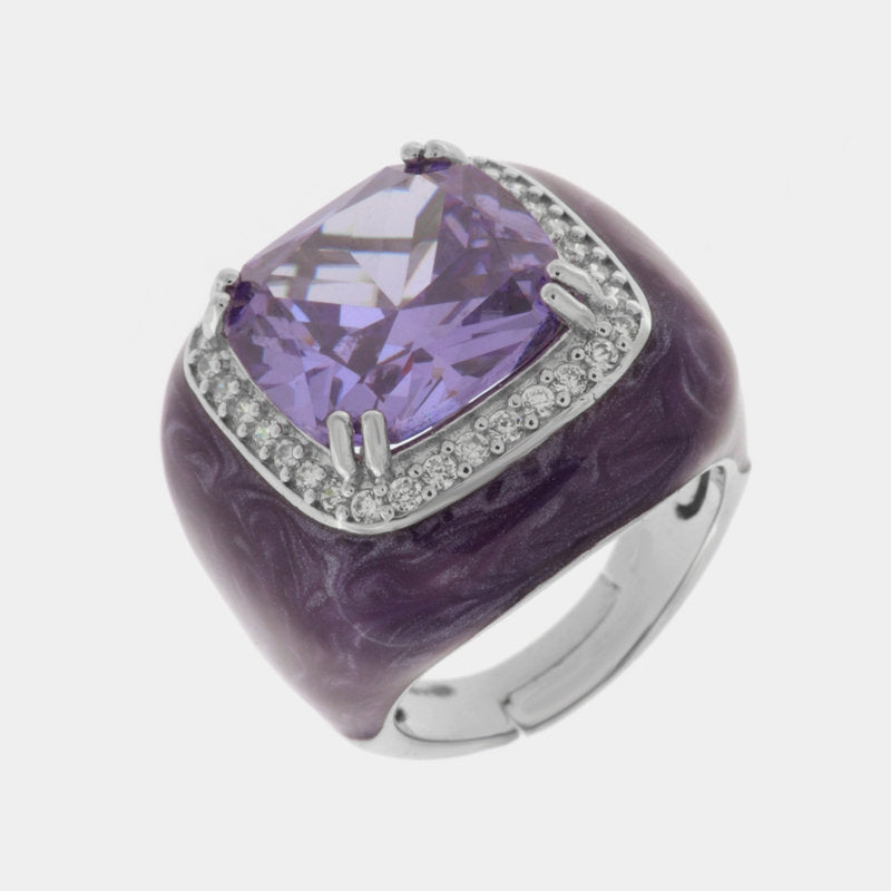 Anello in Argento 925 smaltato color viola impreziosito da zircone lilla centrale e zirconi bianchi SIMEONE - gioiello BySimo