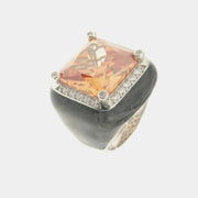 Anello in Argento 925 smaltato nero con zircone centrale color topazio giallo e zirconi bianchi