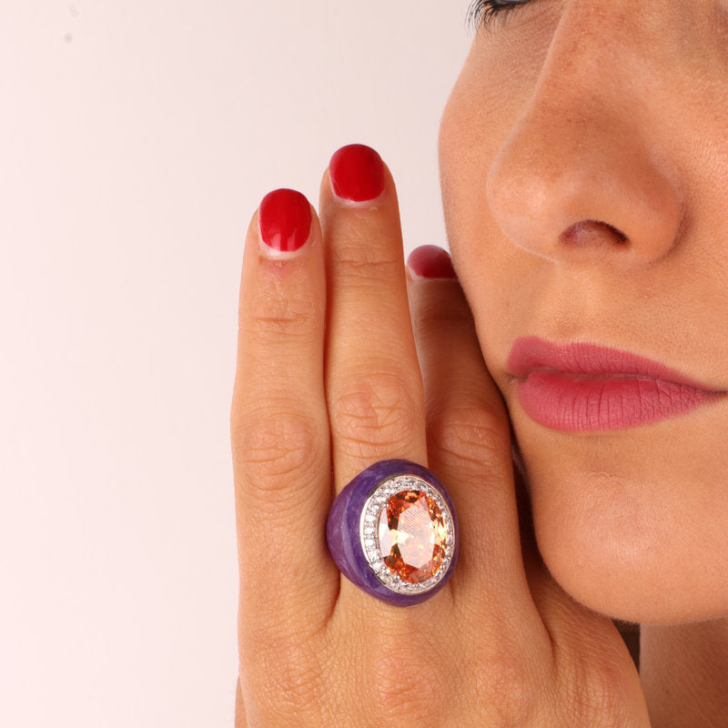 Anello in Argento 925 smaltato viola impreziosito da zirconi bianchi e zircone centrale color topazio giallo - BYSIMON gioielli