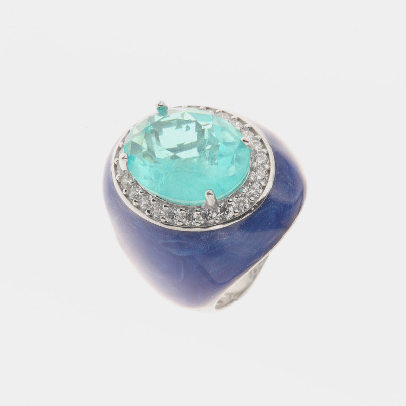 Anello in Argento 925 smaltato blu impreziosito da zirconi bianchi e zircone centrale icestone SIMEONE - gioiello BySimon