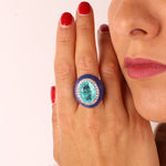 Anello in Argento 925 smaltato blu impreziosito da zirconi bianchi e zircone centrale icestone SIMEONE - gioiello BySimon