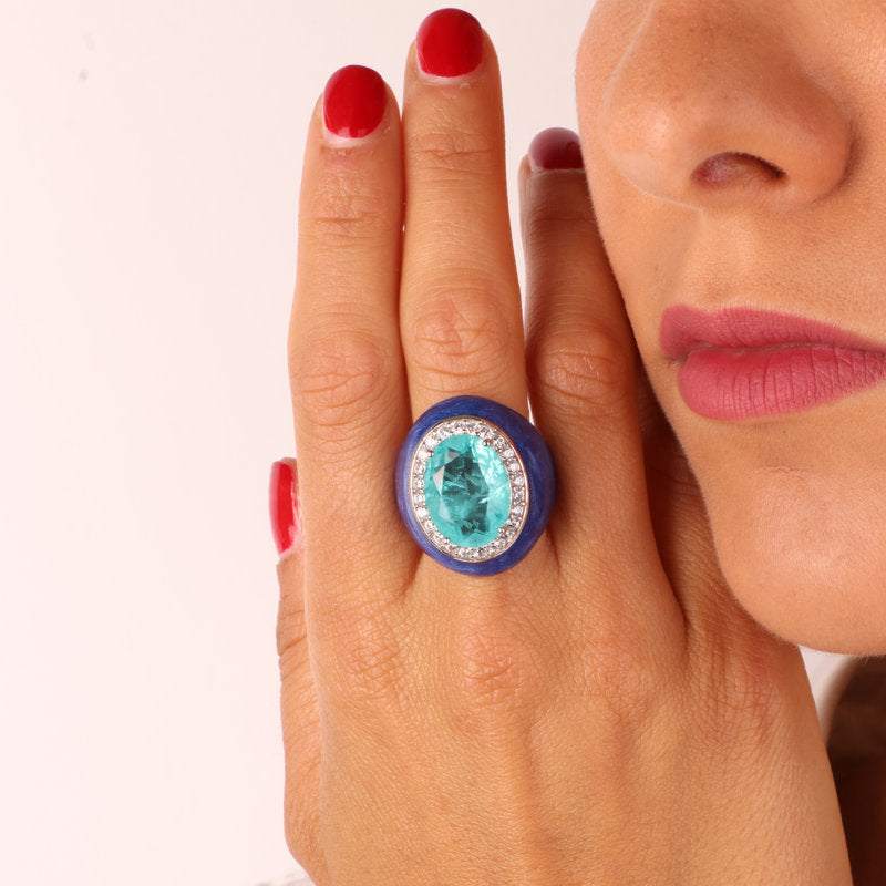 Anello in Argento 925 smaltato blu impreziosito da zirconi bianchi e zircone centrale icestone SIMEONE - gioiello BySimon